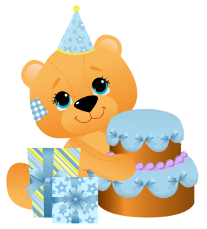 a birthday teddy witha a cake and gifts